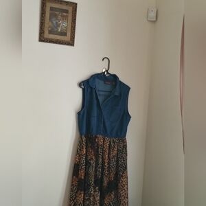 Speed Control Dress Women 2X Blue & Brown Maxi Church Casual Academia Artsy Fall